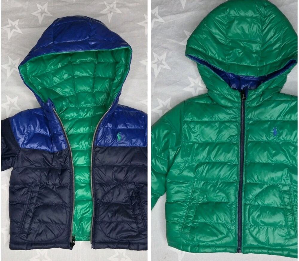 Polo Ralph Lauren Jacket Kids 2T 3T Reversible Puffer Green Navy Hooded